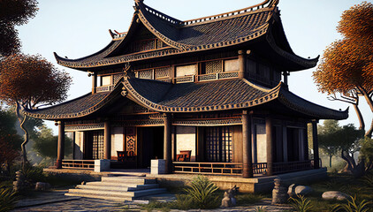 Fototapeta premium Eastern Elegance: An Inspiring Illustration of an Asian Style Building, Fusing Timeless Tradition. Generative AI