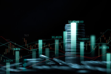 Coins stacking  and glowing stock market or forex graph chart for trader and investor analysis of economy financial concept.