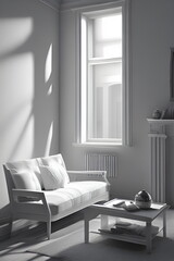White sofa in modern interior with large window. 3D render, AI Generat.
