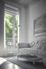 Fototapeta na wymiar White sofa in modern interior with large window. 3D render, AI Generat.