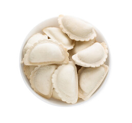 Fototapeta na wymiar Raw dumplings (varenyky) on white background, top view