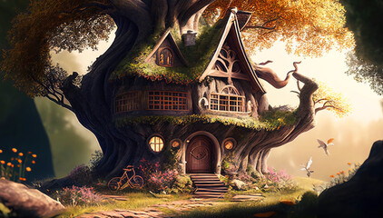 An Enchanting Illustration of a Fantasy House in the Mystical Woods. Generative AI