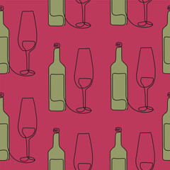 Seamless pattern. Vector illustration of a wine bottle and a glass. Drawing in one line.