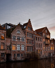 Fototapeta na wymiar Canal houses in Ghent, Belgium during sunset