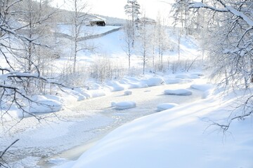 Picturesque view of frozen pond and trees covered with snow outdoors. Winter landscape