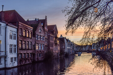 Canal houses in Ghent, Belgium during sunset