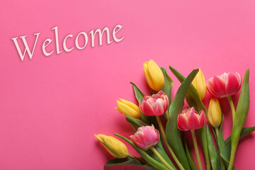 Welcome card. Beautiful tulip flowers and word on pink background, top view