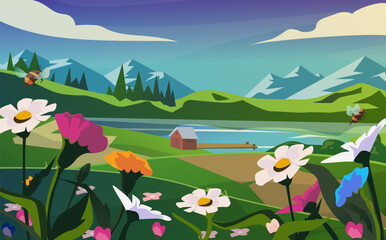 Fototapeta na wymiar Beautiful mountain landscape in spring. Bees flying over flowers. Illustration