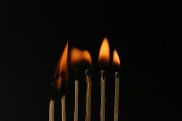 Line of burning matches on black background