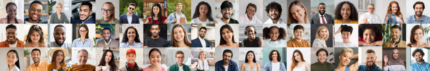 Collage of multiethnic people smiling and gesturing on various backgrounds