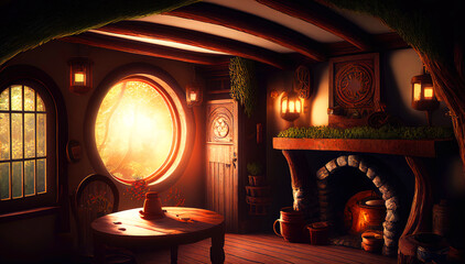 A Whimsical Illustration of a Hobbit House Interior, Inviting You into a Magical Realm. Generative AI