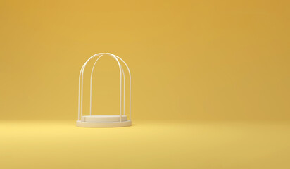 A podium for products with cage on a yellow background.