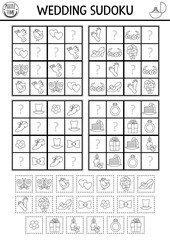 Vector black and white wedding sudoku puzzle for kids. Simple marriage ceremony quiz with cut and glue elements. Education activity or coloring page with bride, cake. Draw missing objects.