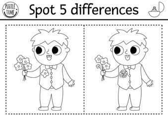 Find differences game for children. Wedding black and white educational activity with cute boy with bouquet of flowers. Marriage printable coloring page for kids with funny little kid guest.