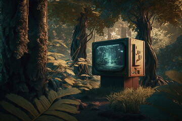 Future sci-fi concept of a TV remaining turned on in nature. AI Generated