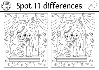 Find differences game for children. Wedding black and white activity with cute married couple under the arch. Marriage coloring page for kids with funny bride and groom. Printable worksheet.