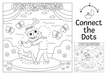 Vector dot-to-dot and color activity with cute dancing just married couple. Wedding connect the dots game for children with bride and groom. Marriage ceremony coloring page for kids..