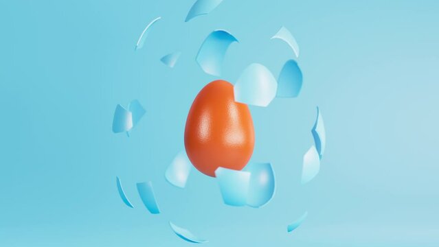 Blue painted egg shell peel and reveal orange egg. Easter egg animation concept. 3d render