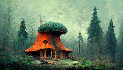 mushroom house in forest. Generative Ai