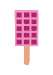 Sweet food and dessert food, vector illustration of homemade corn dog or hot dog waffle on a stick. Magenta color. Pink or violet. Isolated on white background.