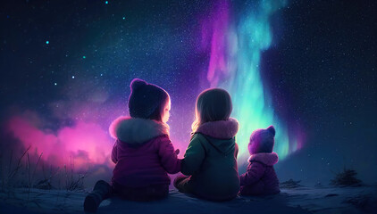 An Illustration of Kids on a Hill Watching the Northern Lights, in a Breathtakingly Serene Landscape. Generative Ai