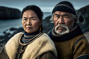 Elderly Inuit Couple in Traditional Clothing from Greenland. Generative AI illustration. - obrazy, fototapety, plakaty