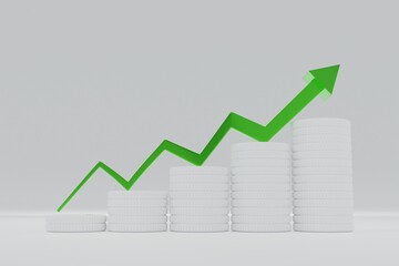 Rising up line graph with gold coins stacking. 3D rendering