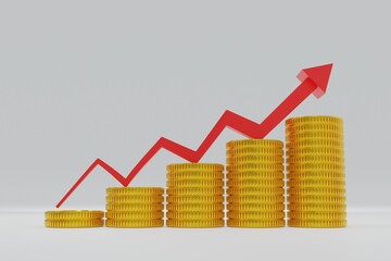 Rising up line graph with gold coins stacking. 3D rendering