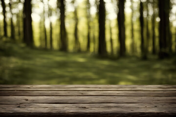 Wooden brown empty shelf for packshot placement and green background with forest. Illustration.