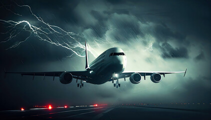 An Illustration of a Commercial Airliner Flying Through a Thunderstorm with Lightning Strikes, in a Thrilling and Intense Journey. Generative AI