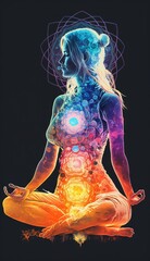 Yogi woman meditating with legs crossed concentrated, Chakras energy visualization in vivid watercolor style generative ai.
