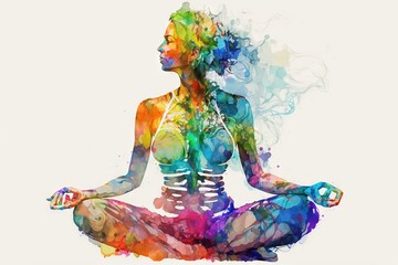 Yogi woman meditating with legs crossed concentrated, Chakras energy visualization in vivid watercolor style generative ai. - obrazy, fototapety, plakaty