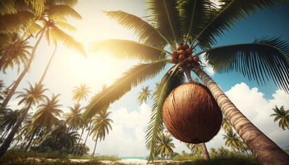 a coconut on a palm tree on the ocean shore. Generative AI - obrazy, fototapety, plakaty