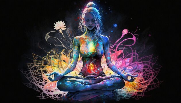 Yogi woman meditating with legs crossed concentrated, Chakras energy visualization in vivid watercolor style generative ai.