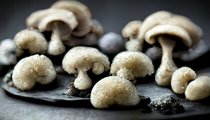 Defocus raw mushrooms champignons on black background. Generative Ai