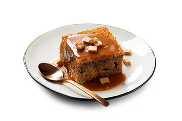Easy Sticky Toffee Pudding is a deliciously gooey sponge cake drenched in warm toffee sauce that’s a favorite among the English. isolated on white background