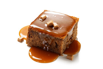 Easy Sticky Toffee Pudding is a deliciously gooey sponge cake drenched in warm toffee sauce that’s a favorite among the English. isolated on white background - 575586702