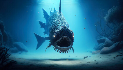 An Illustration of a Monstrous Fish Lurking in the Deep Dark Depths of the Ocean. Generative AI