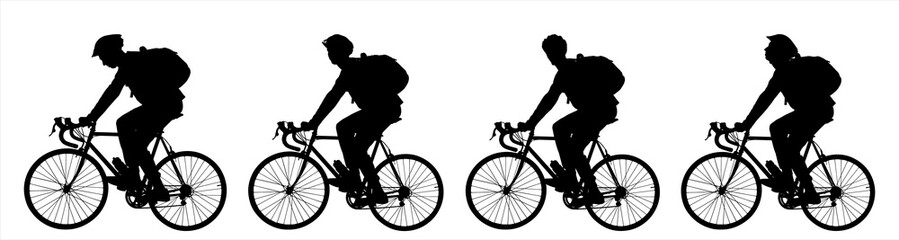 Guys riding bicycles ride in one line, one after another. Protective sports helmet, backpack, bicycle. Cycling. Side view, profile. Four male silhouettes in black color isolated on white background