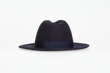 Dark blue male wide brim brimmed hat isolated on white background, Men's Trilby Felt Fedora Hat. Front view. Mock up, template