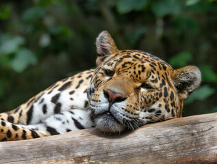 Fototapeta na wymiar Close up headshot of a captive leopard (Pantherus pardus) resting on a branch during the daylight