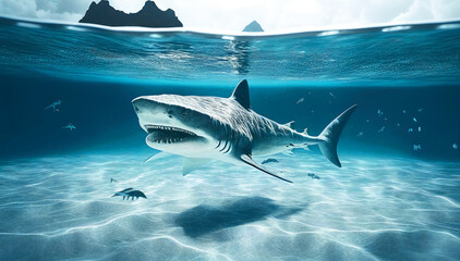 Fototapeta premium An Illustration of a Powerful Shark Roaming the Depths of the Ocean. Generative AI