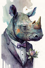 Rhinoceros wearing Bow ties, Psychedelic Illustration. Generative AI