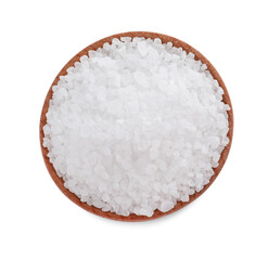 Wooden bowl with natural sea salt isolated on white, top view