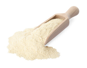 Wooden scoop with quinoa flour on white background