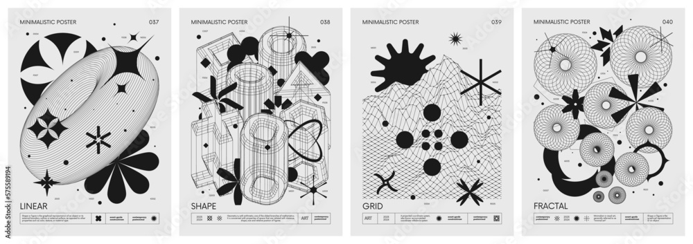 Wall mural futuristic retro vector minimalistic posters with strange wireframes graphic assets of geometrical s