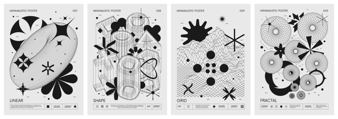 Fototapeta na wymiar Futuristic retro vector minimalistic Posters with strange wireframes graphic assets of geometrical shapes modern design inspired by brutalism and silhouette basic figures, set 10