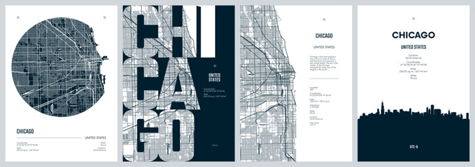 Naklejka premium Set of travel posters with Chicago, detailed urban street plan city map, Silhouette city skyline, vector artwork