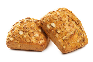 Two buns with pumpkin seeds. Isolate on white background