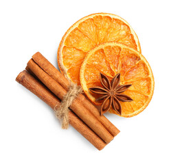 Dry orange slices, cinnamon sticks and anise star isolated on white, top view